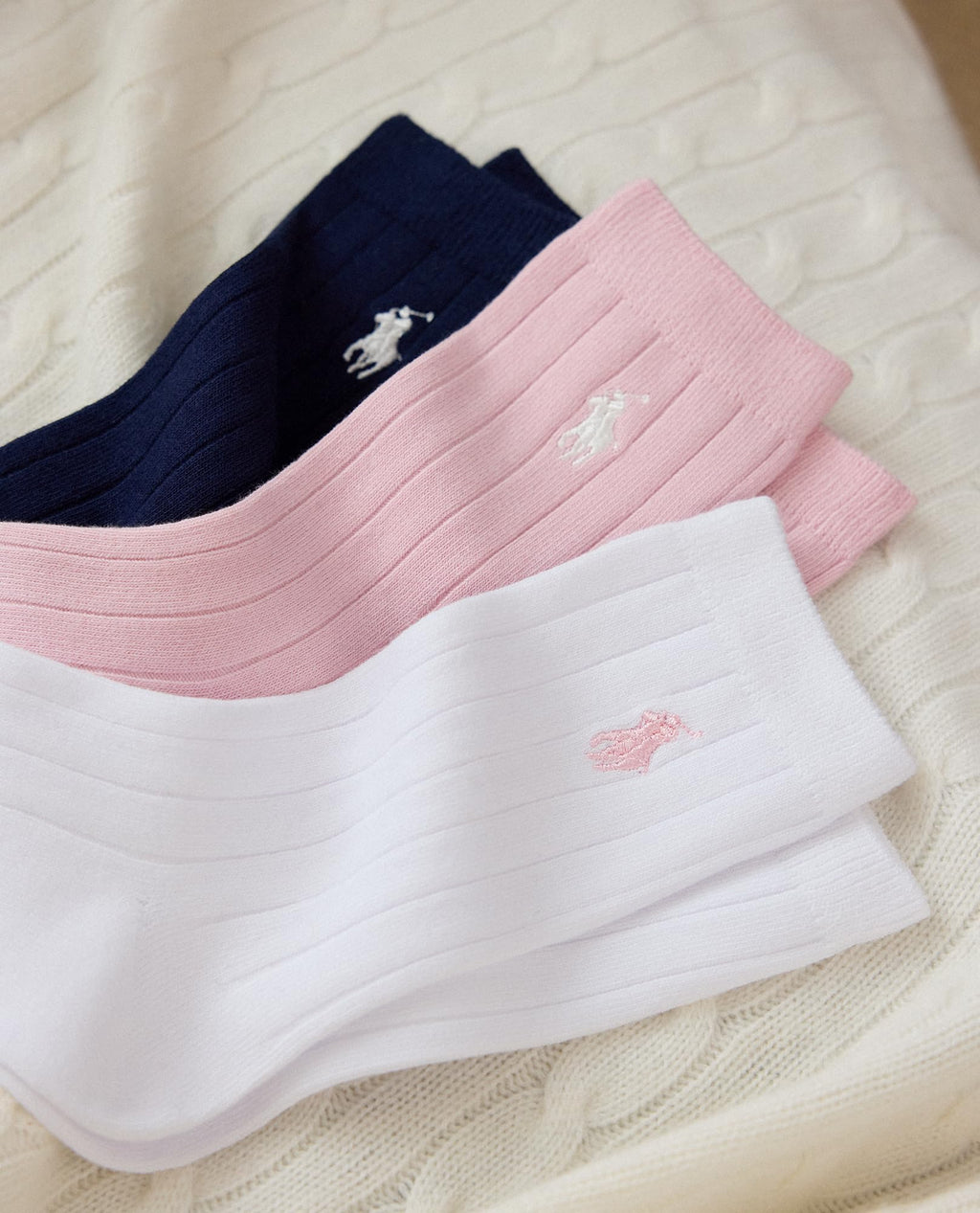 Polo Ralph Lauren | Calcetines Niña Pack 3 Pares Crew Acanalado Algodón Sostenible Poni Bordado Rosa Blanco Negro (Talla 4T - 20T))