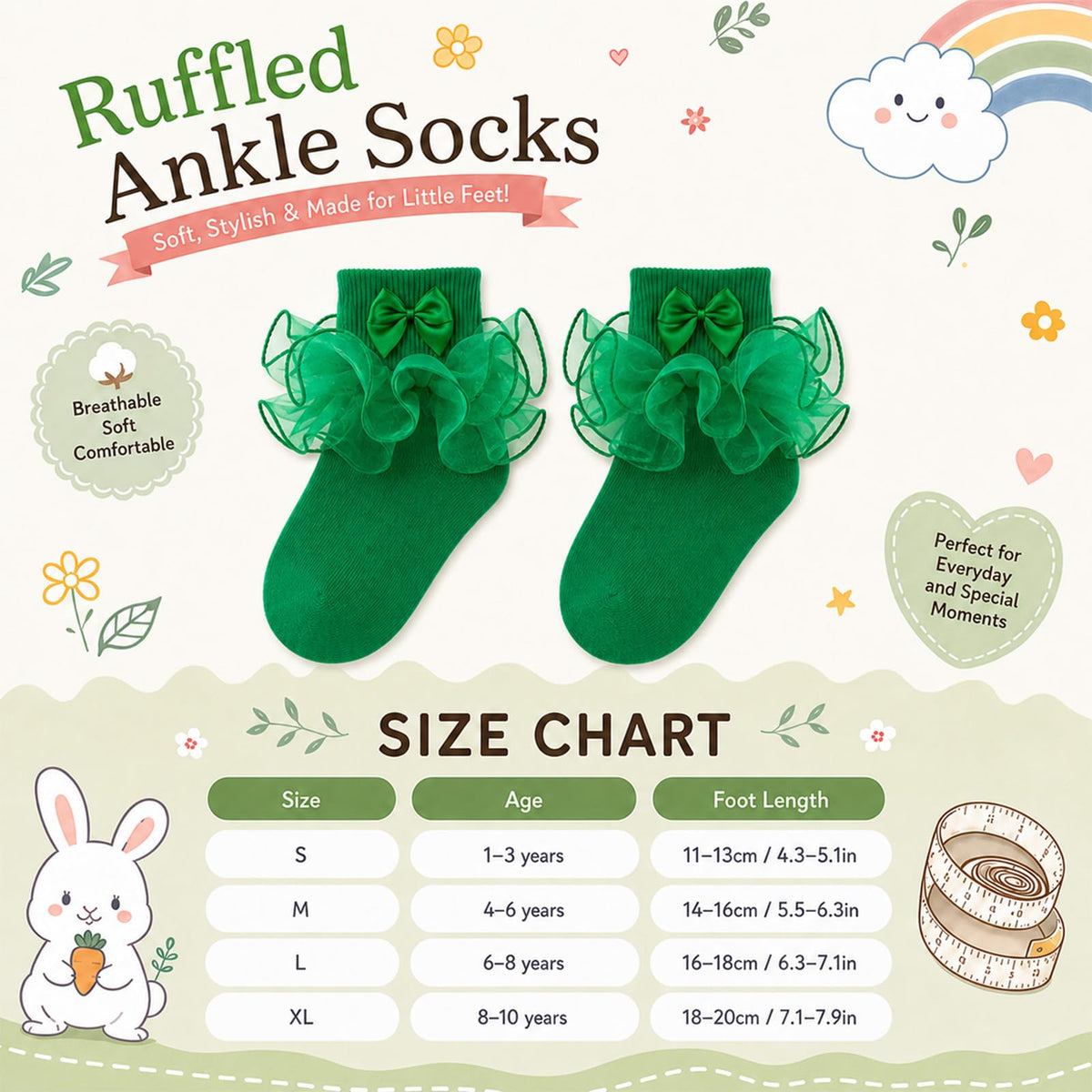 Calcetines Nina Volantes Encaje Tutu Doble Capa Lazo Cinta 3D Verde Esmeralda Algodon Organza Princesa Navidad San Patricio  (1 - 10T)
