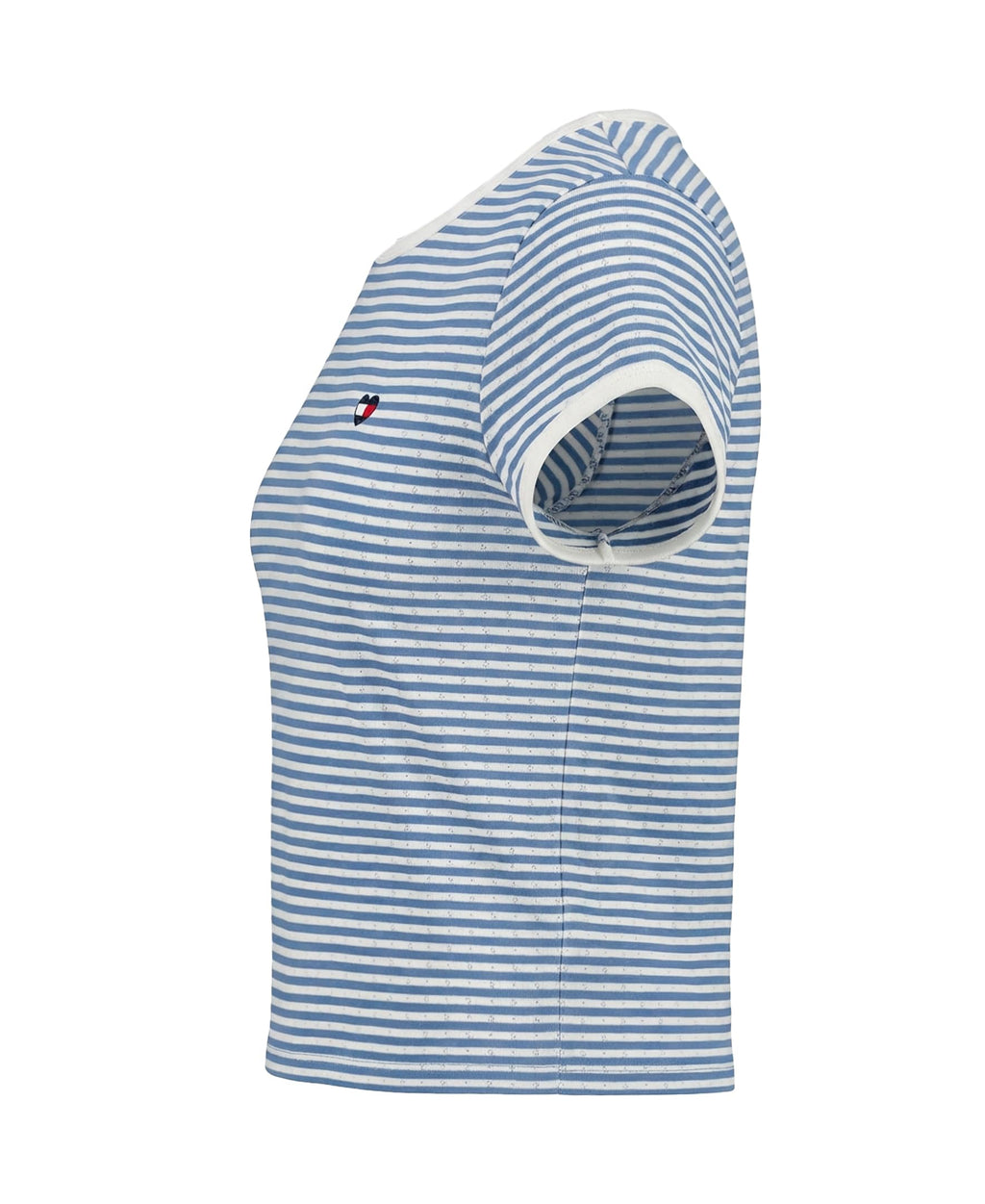 Tommy Hilfiger | Camiseta Nina Manga Corta | Rayas Azul Cielo + Blanco con Lurex | Cuello Contrastante Blanco | Logo Bandera TH Corazon Bordado | Corte Relaxed  (7 - 10T)