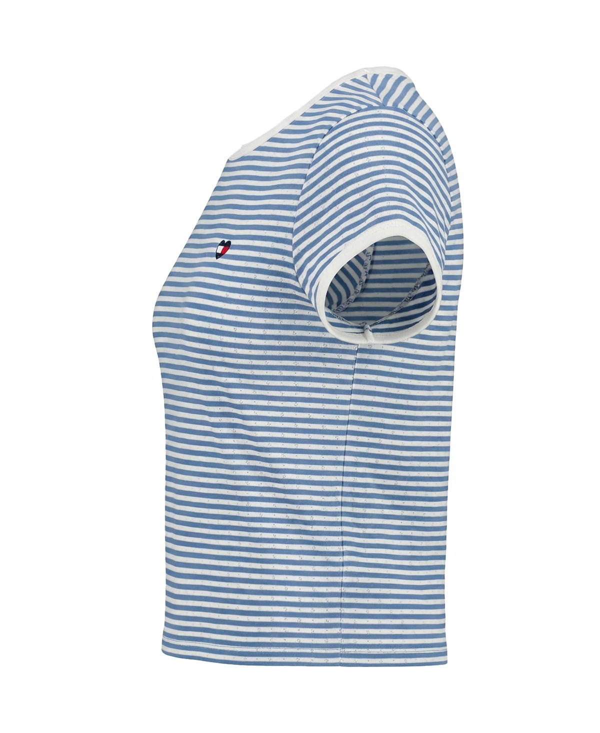 Tommy Hilfiger | Camiseta Nina Manga Corta | Rayas Azul Cielo + Blanco con Lurex | Cuello Contrastante Blanco | Logo Bandera TH Corazon Bordado | Corte Relaxed  (7 - 10T)