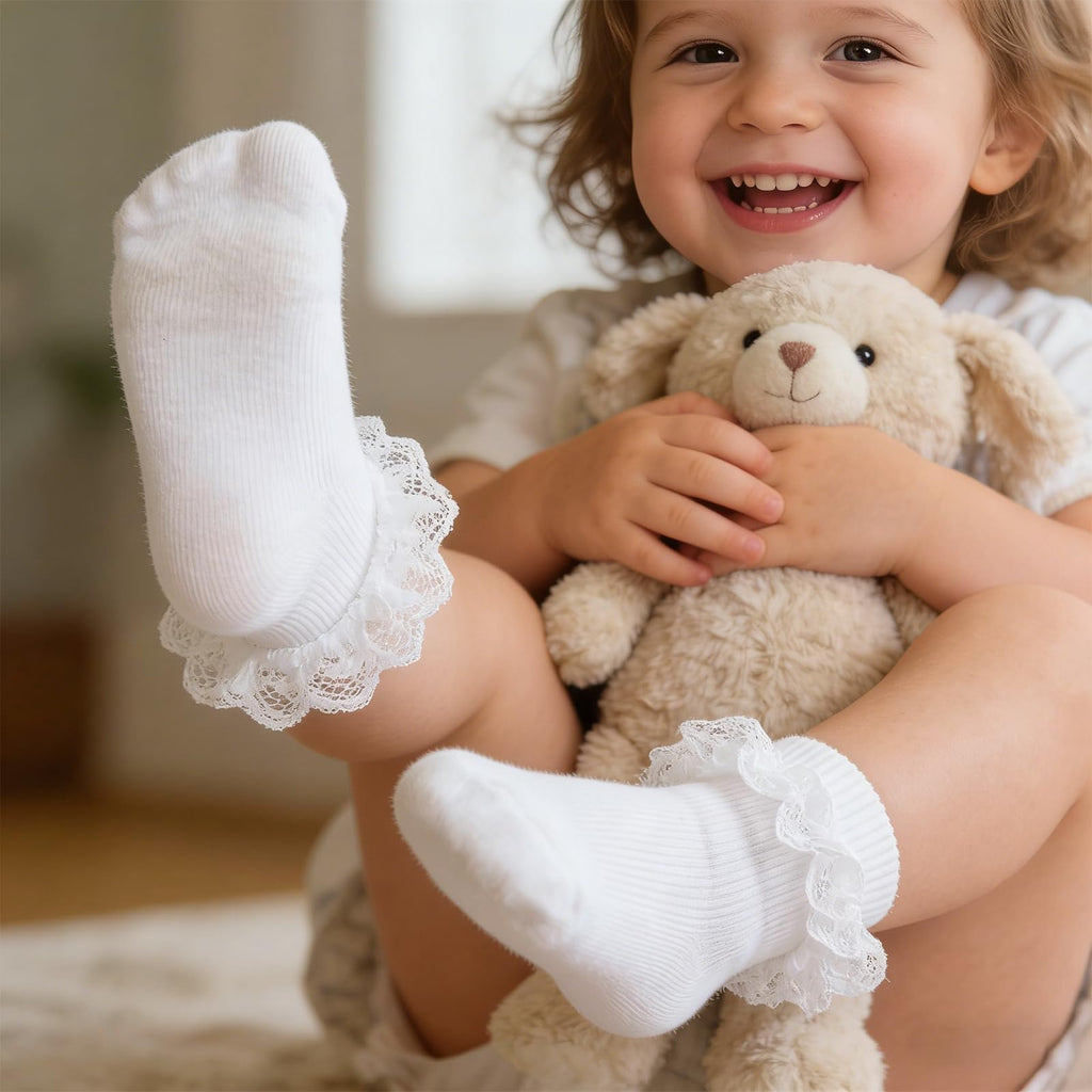 Calcetines Bebé Niña Pack 5 Algodón Canalé Encaje Volante Lazo Satín Lateral Negro Blanco Rosa Crema Rojo