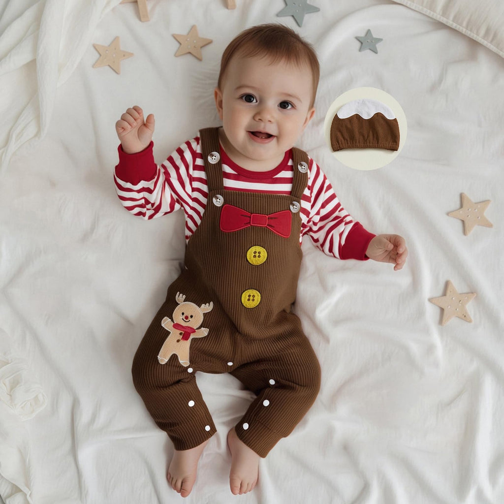 Gingerbread Pudding Boy Set | Conjunto 3 Piezas Bebé — Body Rayas Rojo + Overol Pana Café + Moño Rojo + Gorro Pudding