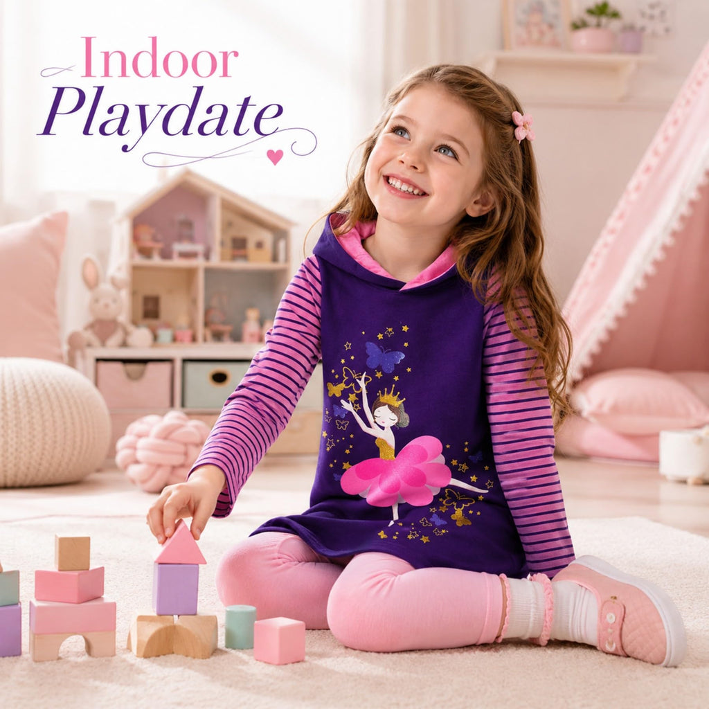 Vestido Hoodie de Bailarina para Niñas – Manga Larga Morado a Rayas Rosa, Algodón (3 - 12T)