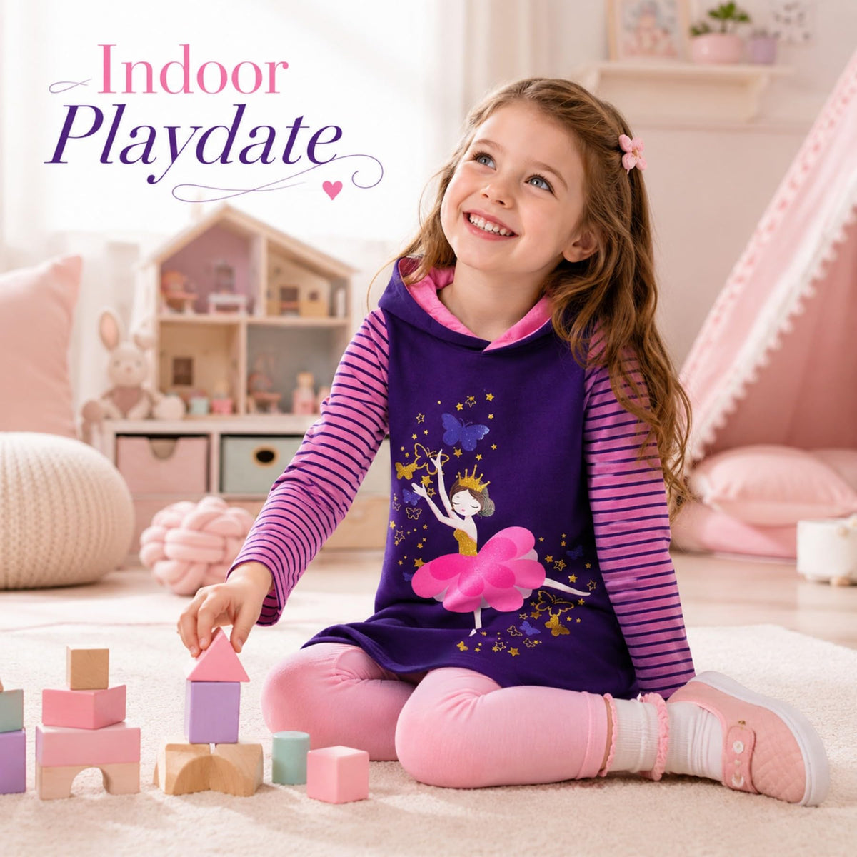 Vestido Hoodie de Bailarina para Niñas – Manga Larga Morado a Rayas Rosa, Algodón (3 - 12T)
