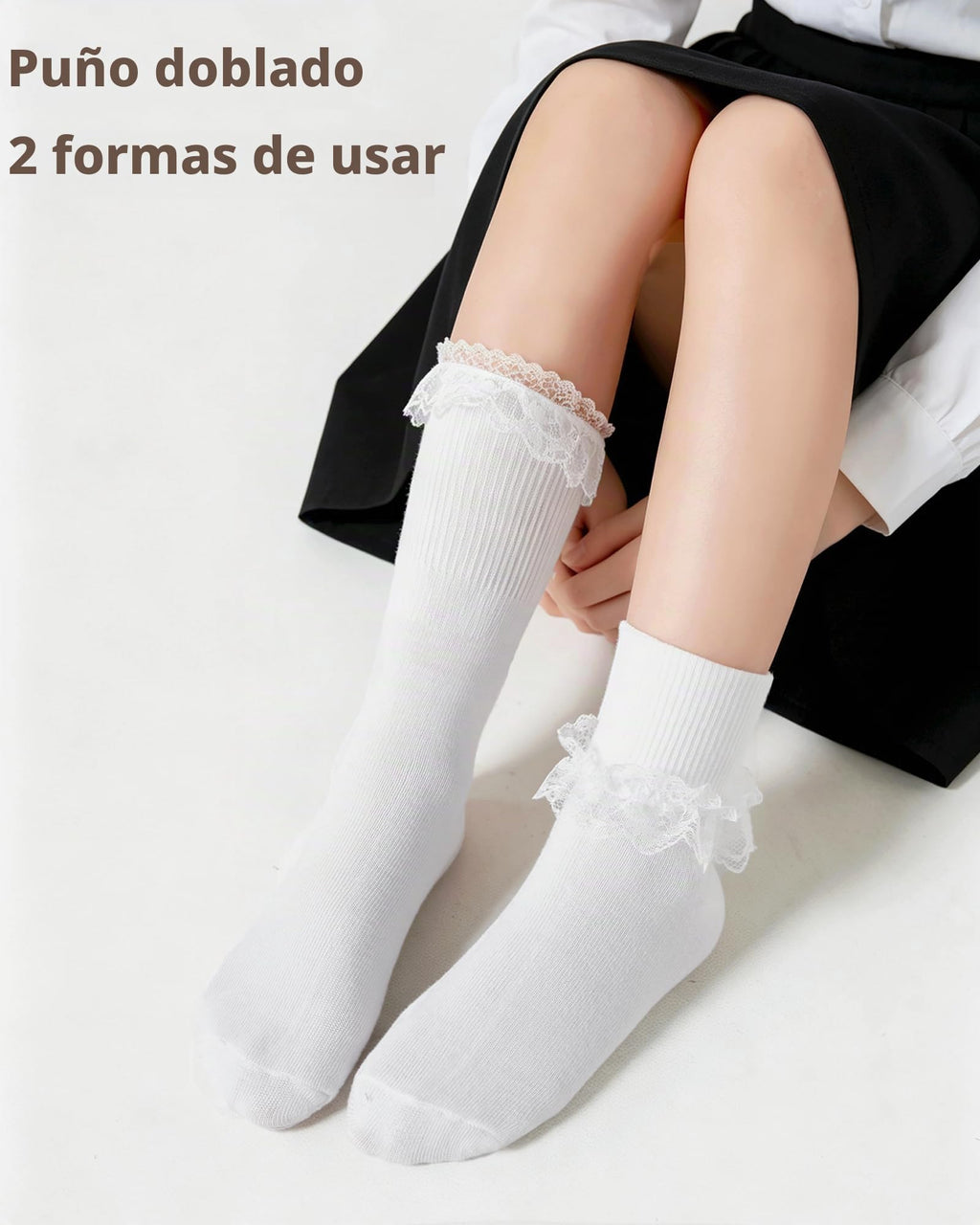 Funjoon | Calcetines Nina Pack 3 Pares Volantes Encaje Bordado Blanco Doble Uso Crew o Largo Costura Plana Uniforme Escolar Boda (2-10 T)