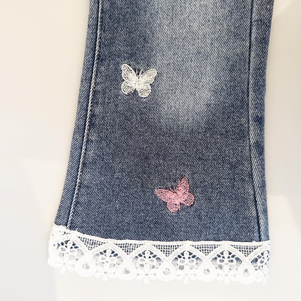 Conjunto 2 Piezas para Niña: Suéter Rojo con Gatito 3D y Jean Acampanado con Mariposas y Encaje