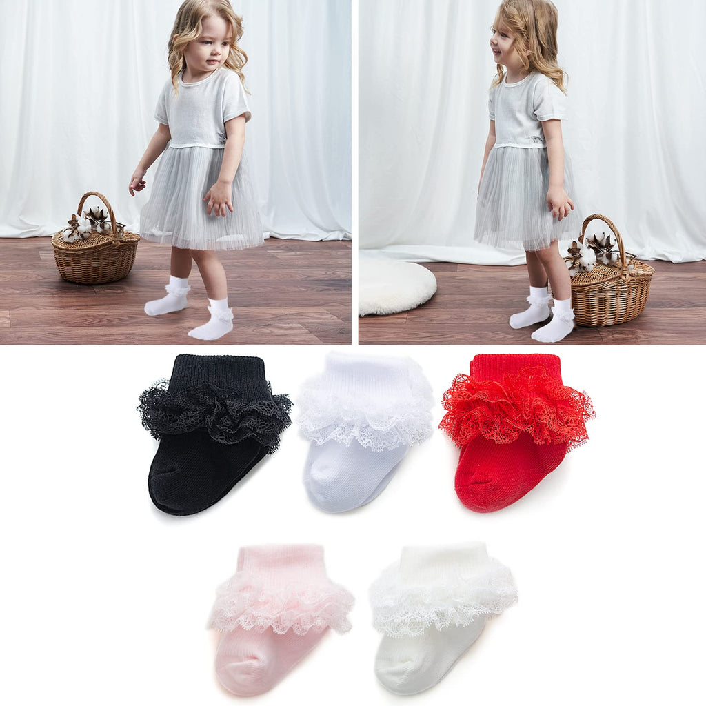 hakugoo | Calcetines Bebé Niña Pack 5 Triple Encaje Volantes Puño Vuelto Negro Blanco Rojo Rosa Crema