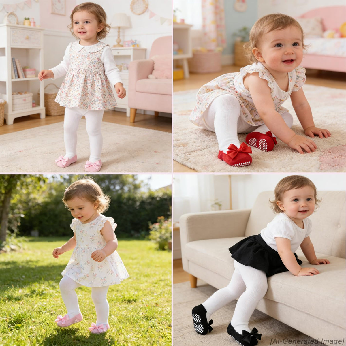 Pack 3 Mallas Antideslizantes con Lazo EPEIUS | Agarre Completo + Algodón Peinado + Blanco Rojo Rosa Negro | Bebé Niña 0-24M)