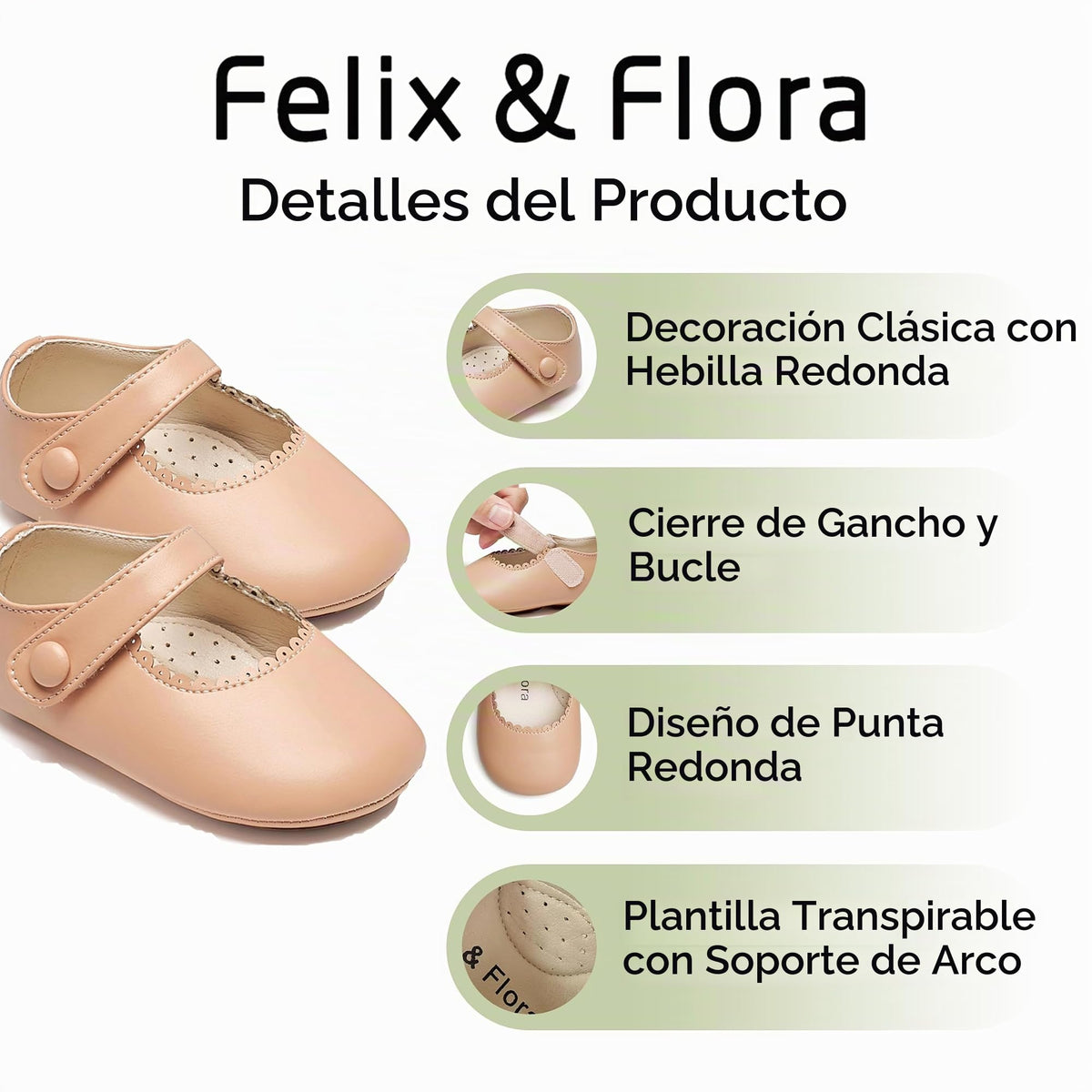 Zapatos de Vestir Antideslizantes de Suela Suave con Velcro para Bebé (Nude) – Félix & Flora