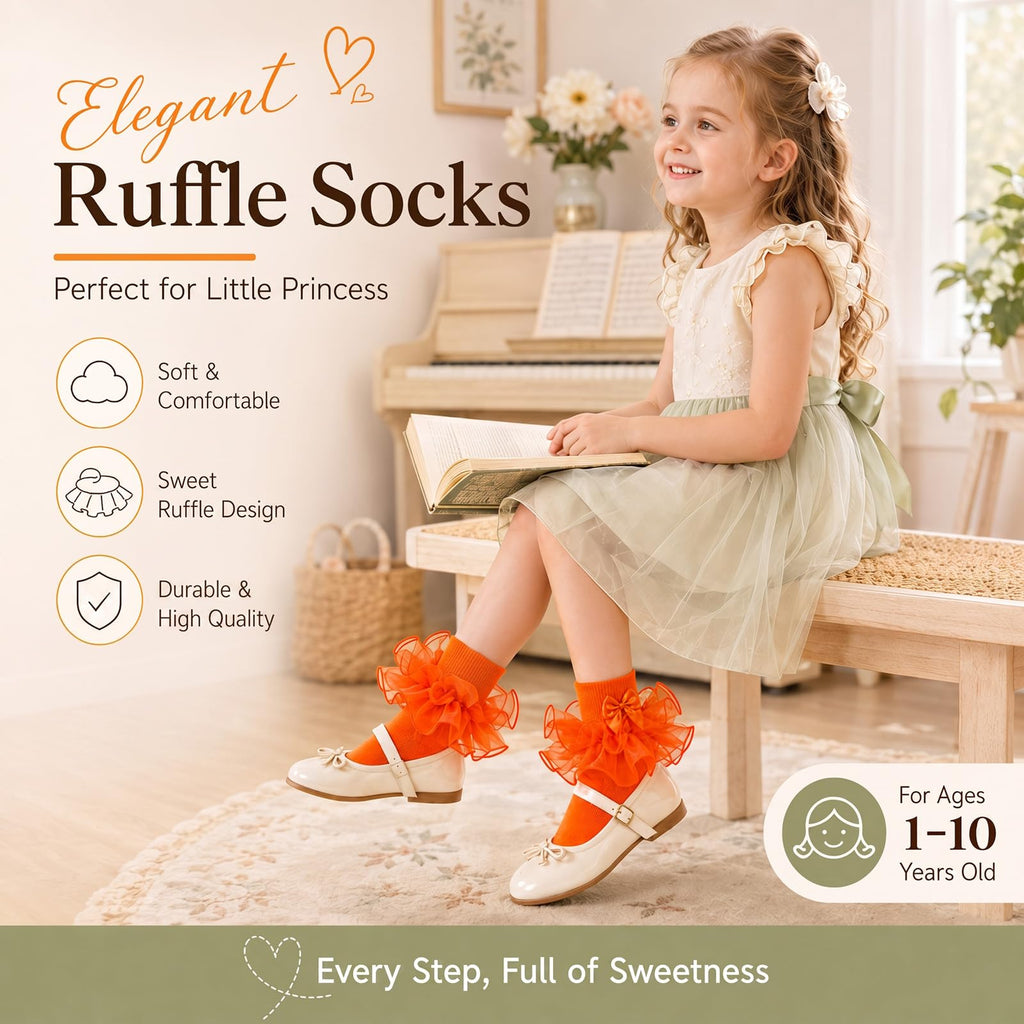 Calcetines Nina Pack 3 Pares Volantes Encaje Tutu Doble Capa Lazo Cinta 3D Verde Amarillo Naranja Organza Princesa Verano Halloween (1 - 10T)