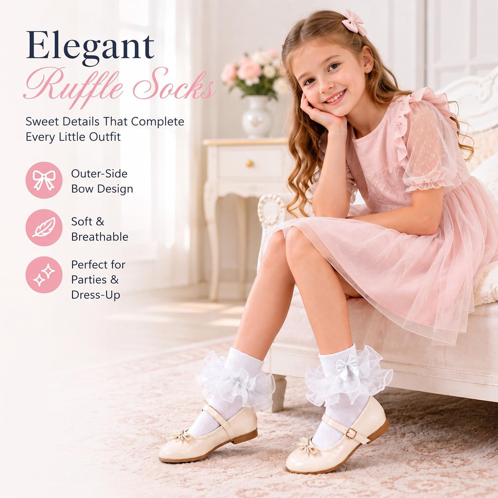Calcetines Nina Volantes Encaje Tutu Doble Capa Lazo Cinta 3D Blanco Algodon Organza Princesa Uniforme Comunion Boda  (1 - 10T)
