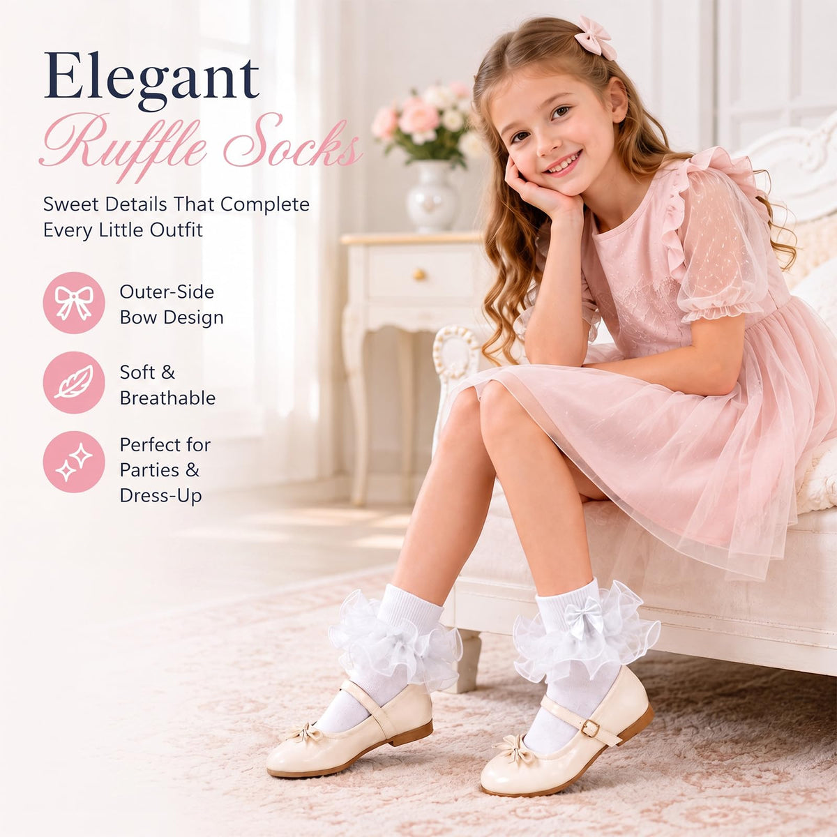 Calcetines Nina Volantes Encaje Tutu Doble Capa Lazo Cinta 3D Blanco Algodon Organza Princesa Uniforme Comunion Boda  (1 - 10T)