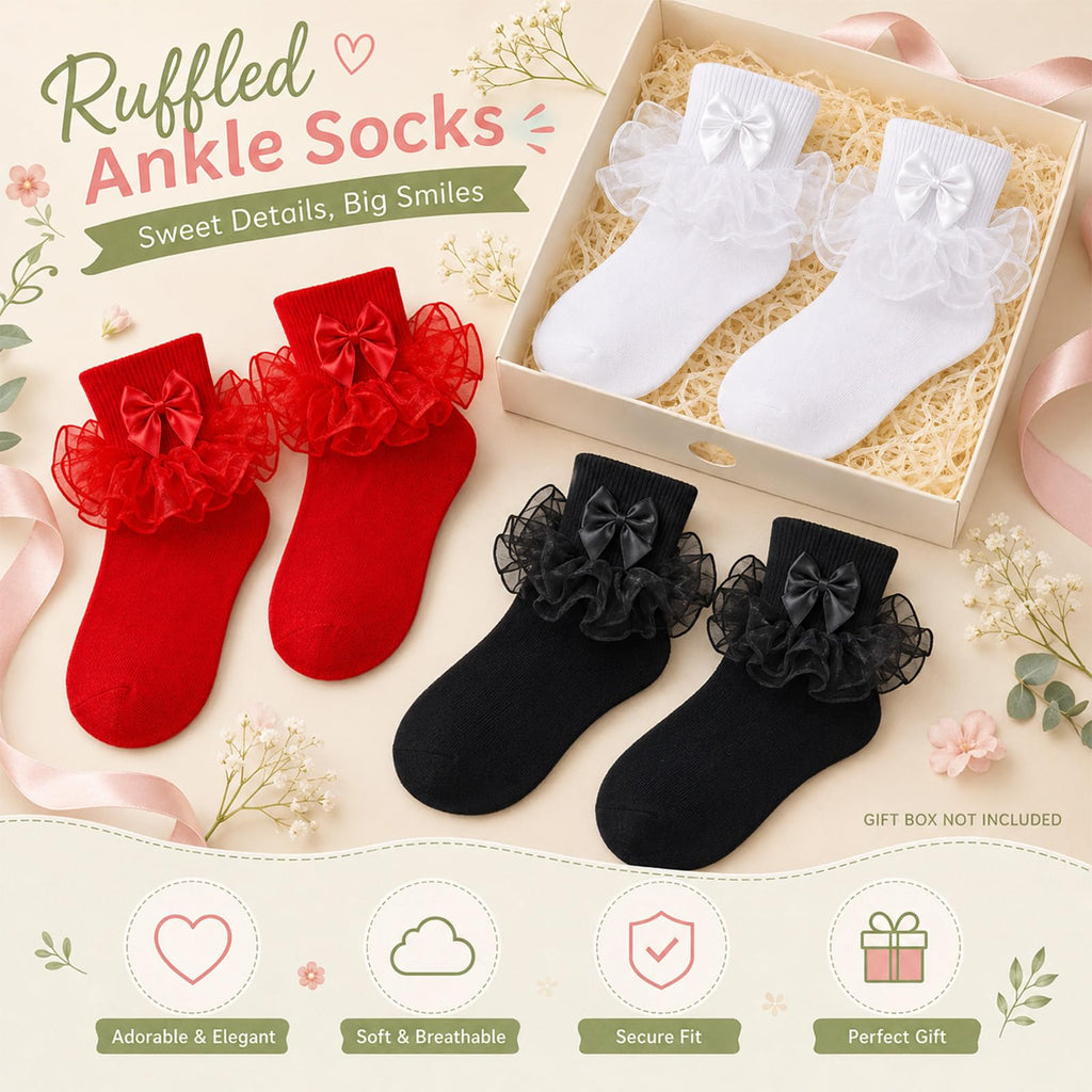 Calcetines Nina Pack 3 Pares Volantes Encaje Tutu Doble Capa Lazo Cinta 3D Blanco Rojo Negro Algodon Organza Princesa Navidad Boda (1 - 10T)