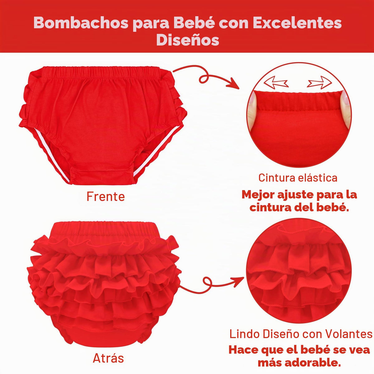 Olreco | Bloomer Bebé Niña Volantes Escalonados 100% Algodón Cintura Elástica Rojo Navidad Halloween Fiesta 0-24 Meses