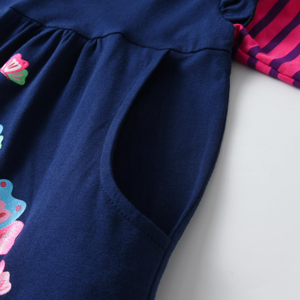 Vestido Niña | Algodón + Unicornio Floral Corona Dorada + Flores Rosas + Mariposas + Bolsillos | Navy/Fucsia Flutter (3T - 8T)