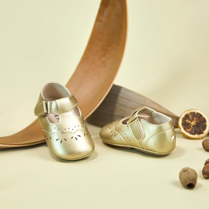 Zapatos de Vestir Estilo T-Strap Antideslizantes de Suela Suave para Bebé (Oro) – Félix & Flora