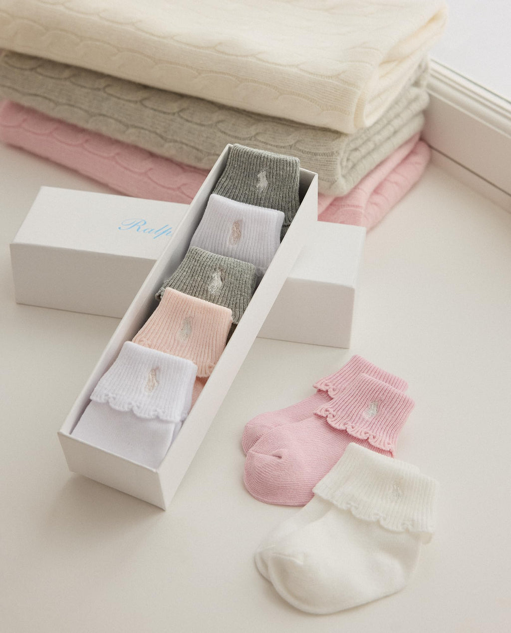 Polo Ralph Lauren | Calcetines Bebé Niña Pack 7 Algodón Pony Bordado Stay-Up Caja Regalo Rosa Gris Blanco Crema 0-24 Meses