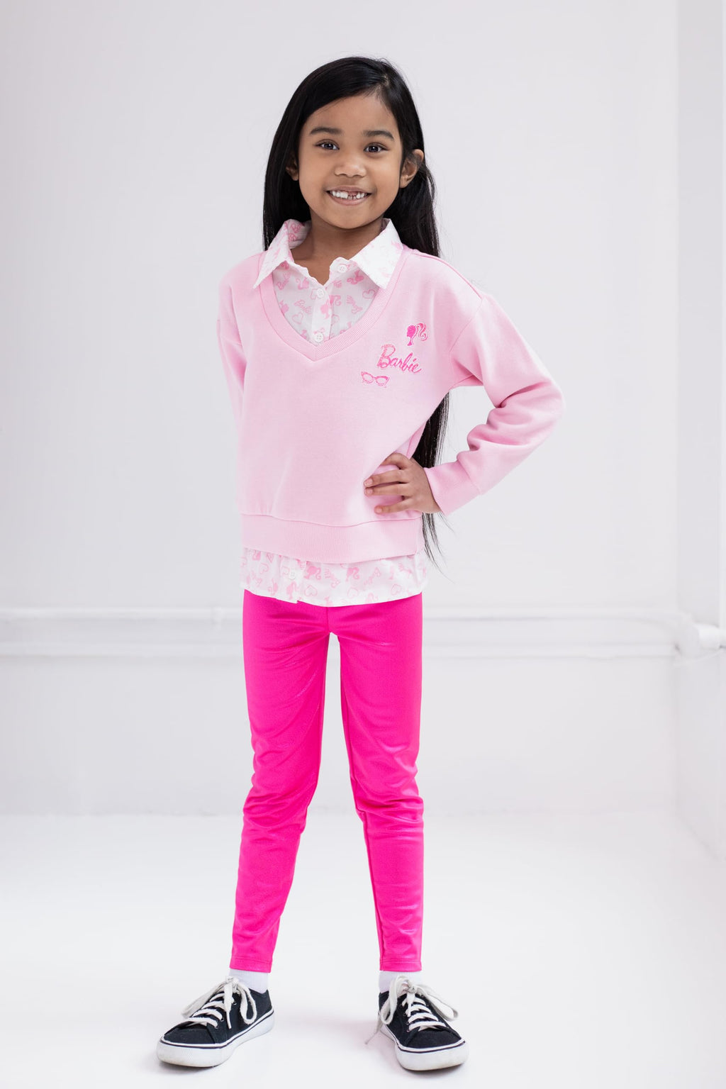 Conjunto Barbie 2 Piezas Niña | Sudadera 2-en-1 Efecto Capa + Leggings Iridiscentes Fucsia | Rosa Pastel Licencia Oficial (2T - 16T)