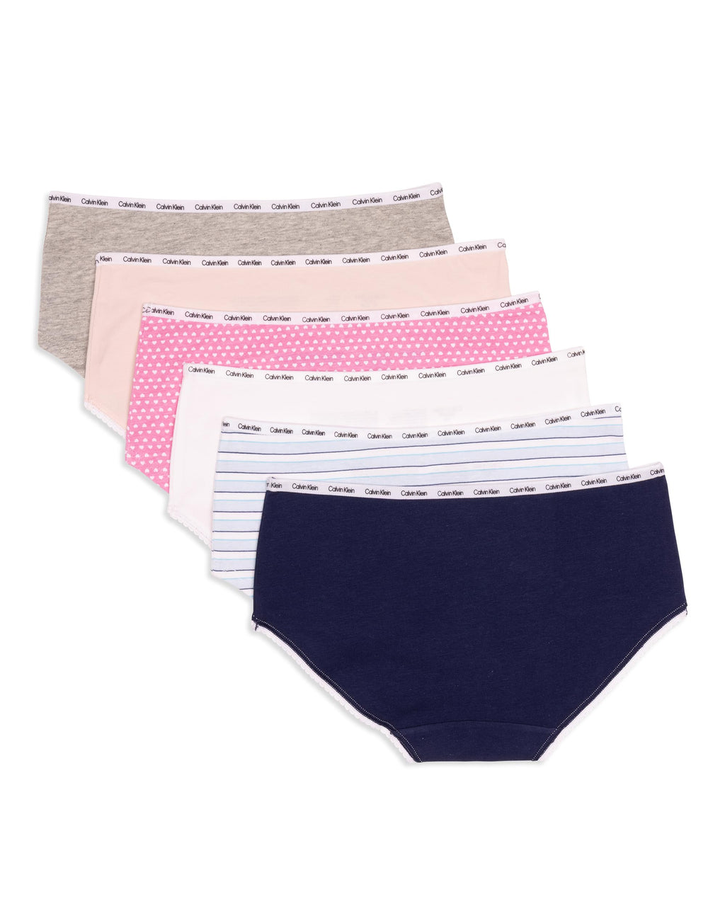 Calvin Klein | Panty Hipster Nina Pack 6 | 95% Algodon 5% Elastano | Detalle Ribete Picot | Cintura Logo CK | Rayas CK (Solo 6T)