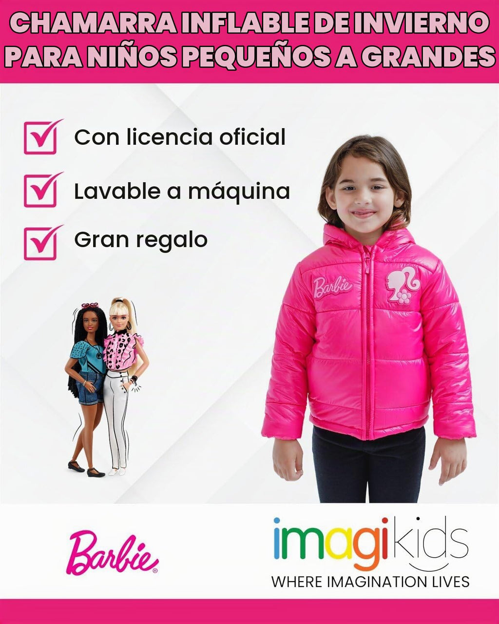 Abrigo Acolchado Puffer Barbie Oficial | Resistente al Agua + Parches Goma + Capucha | Niña Fucsia (4-16 Años)