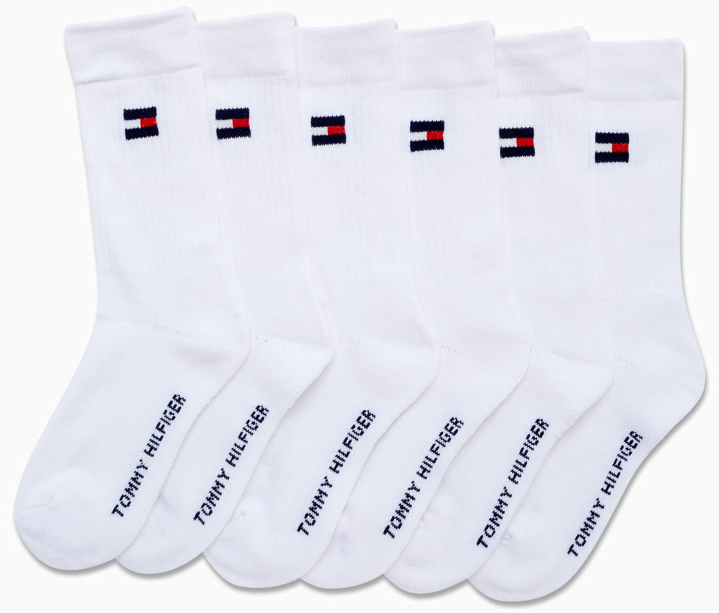 Tommy Hilfiger | Calcetines Niño Unisex Pack 6 Pares Crew Deportivos Acolchados Transpirables Blanco (4 - 12T)
