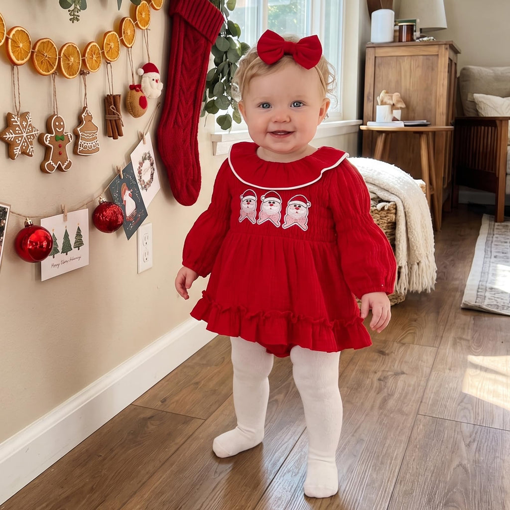 Santa Smocked Romper Rojo | Mameluco Vestido Rojo Bebé Niña — Cuello Muñeca + Mangas Abombadas + Papa Noel Bordado + Diadema