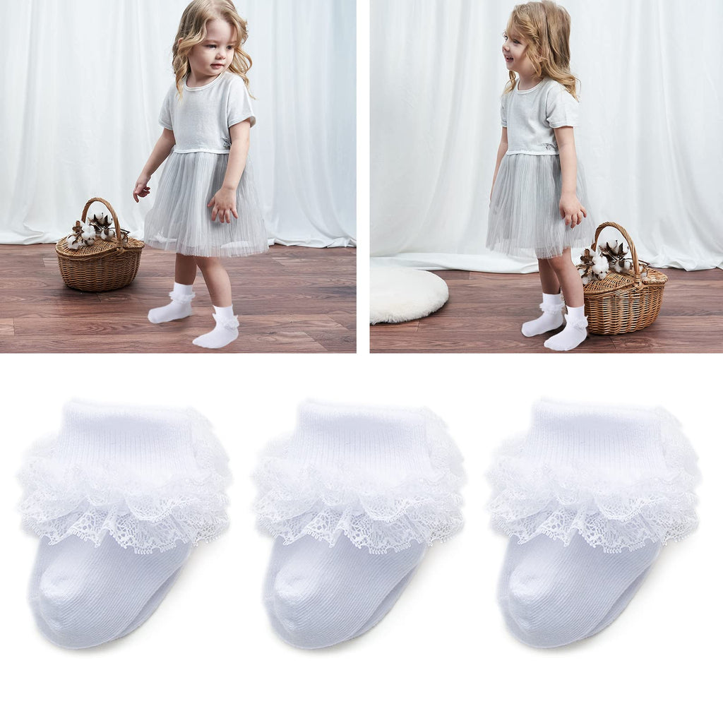Calcetines Bebé Niña Pack 3 Triple Encaje Volantes Puño Vuelto Blanco Bautizo Ocasión