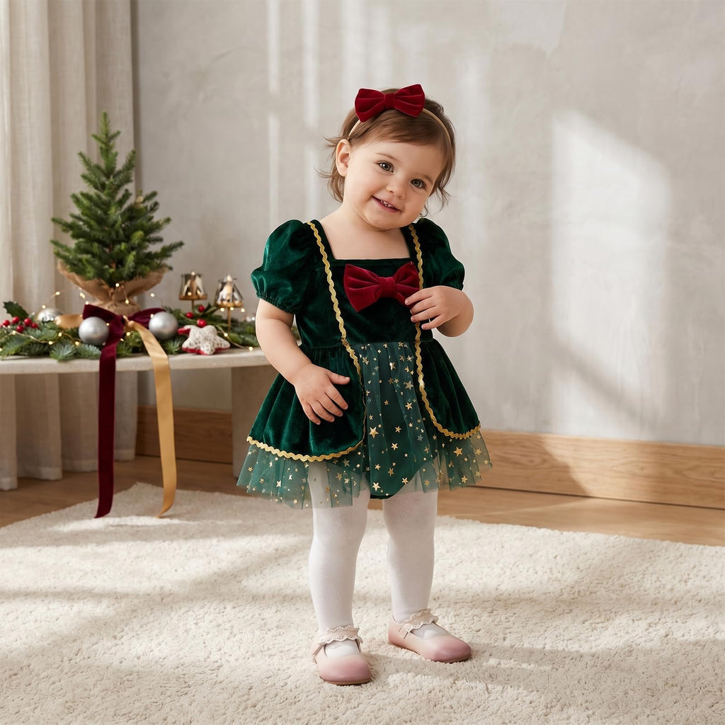 Mameluco Navideño de Terciopelo con Lazo y Tul Estrellas Bebé Niña - Verde