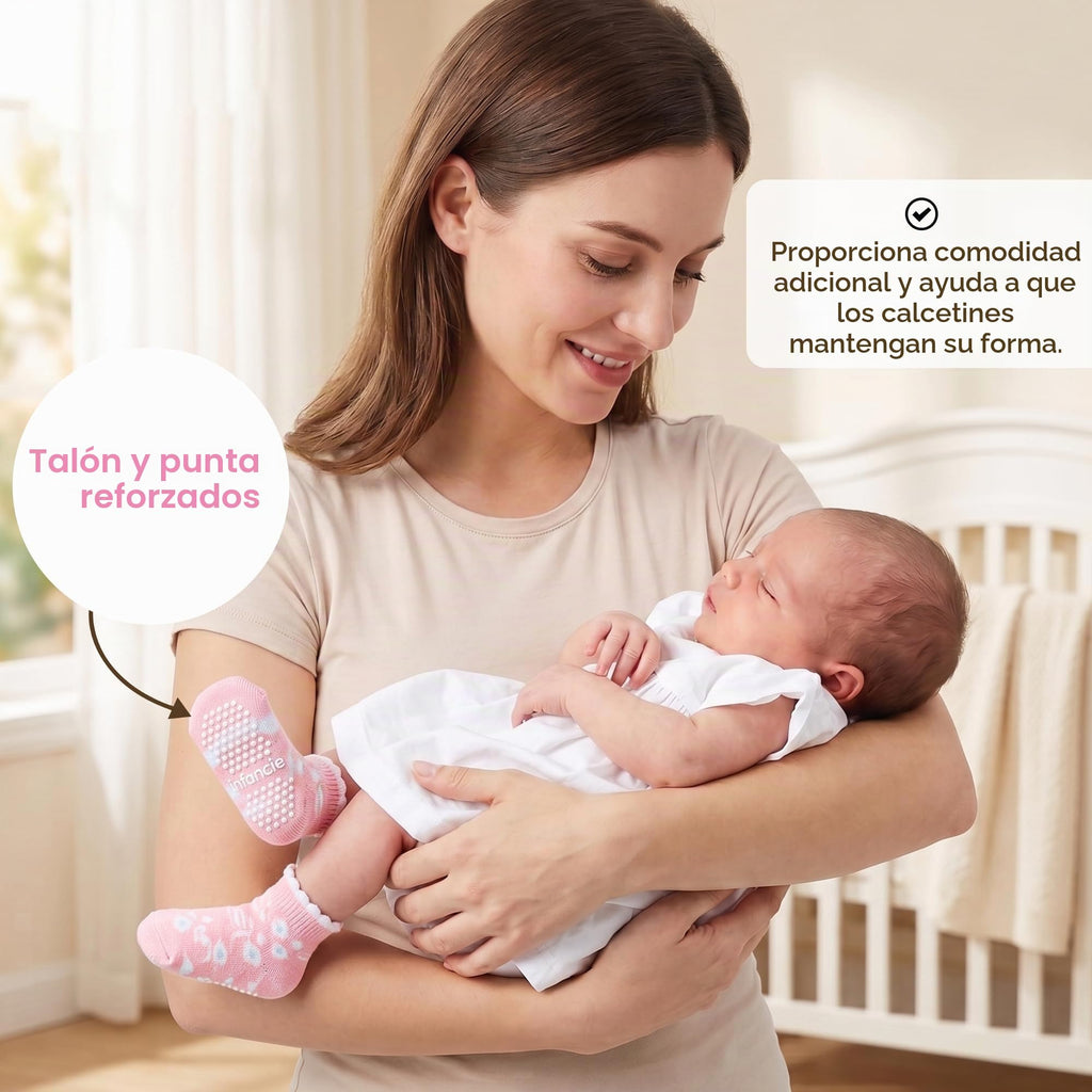 infancie | Calcetines Bebé Niña Pack 6 Algodón Orgánico GOTS Antideslizante Estampados Rosa 0-6 Meses