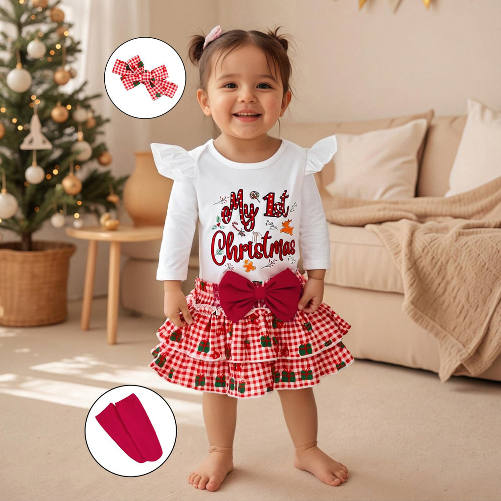 My 1st Christmas | Conjunto Navideño Bebé Niña Falda Cuadros + Medias + Diadema
