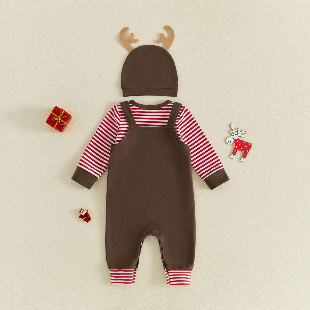 My 1st Christmas Reno | Conjunto Bebé Niño Mameluco Rayas Rojo + Peto Café + Gorro Reno