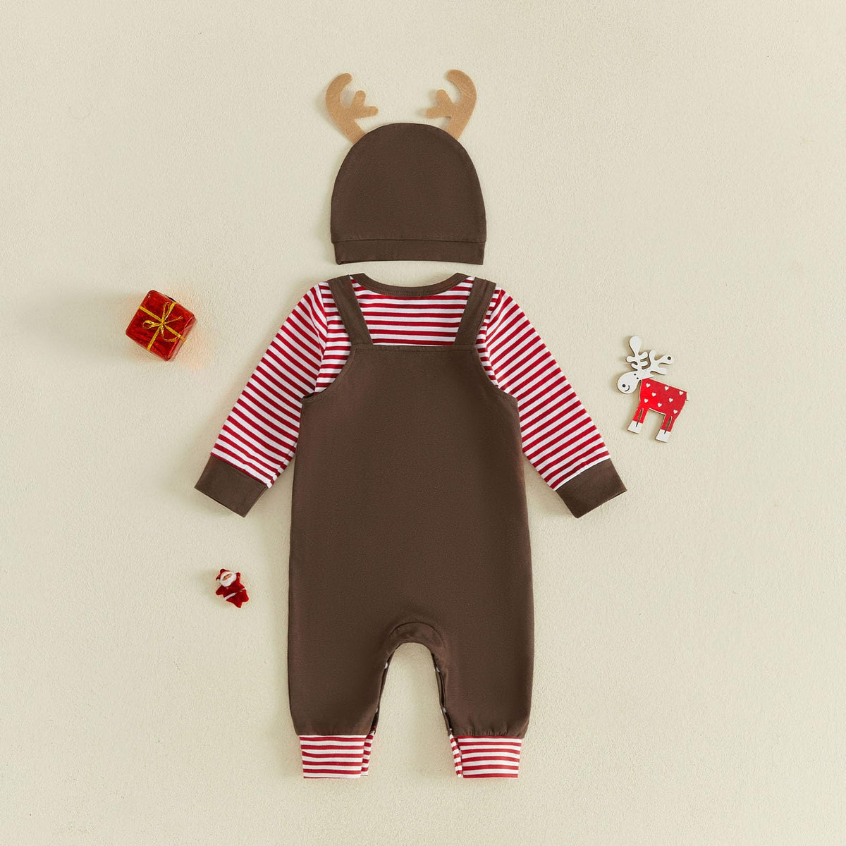 My 1st Christmas Reno | Conjunto Bebé Niño Mameluco Rayas Rojo + Peto Café + Gorro Reno