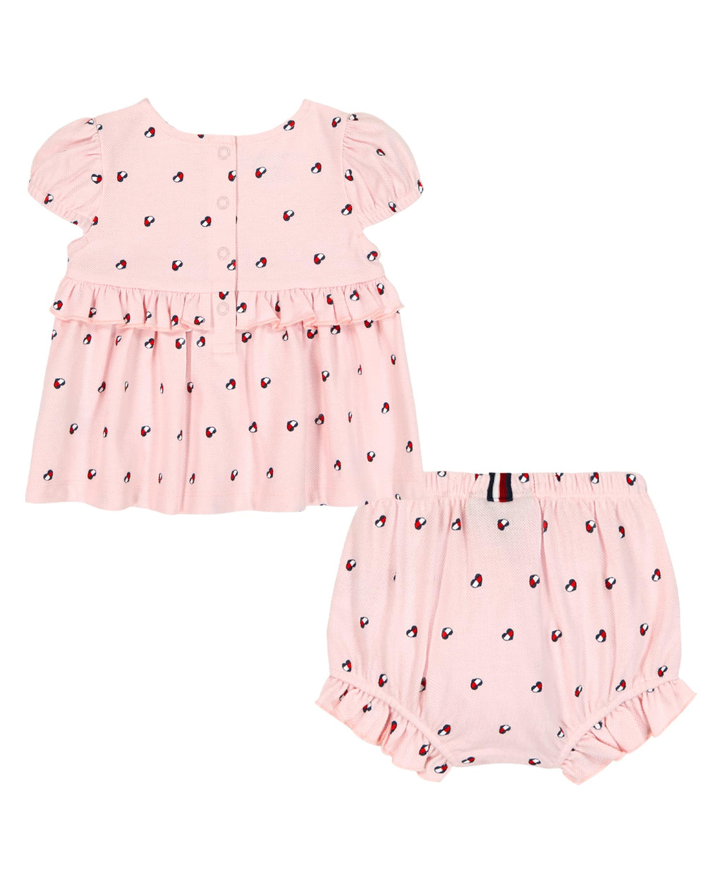 Conjunto 2 Piezas Tommy Hilfiger | Top Peplum Mangas Puff + Bloomer con Volante | Logos Rosa | Niña/Bebé (2M - 24M)