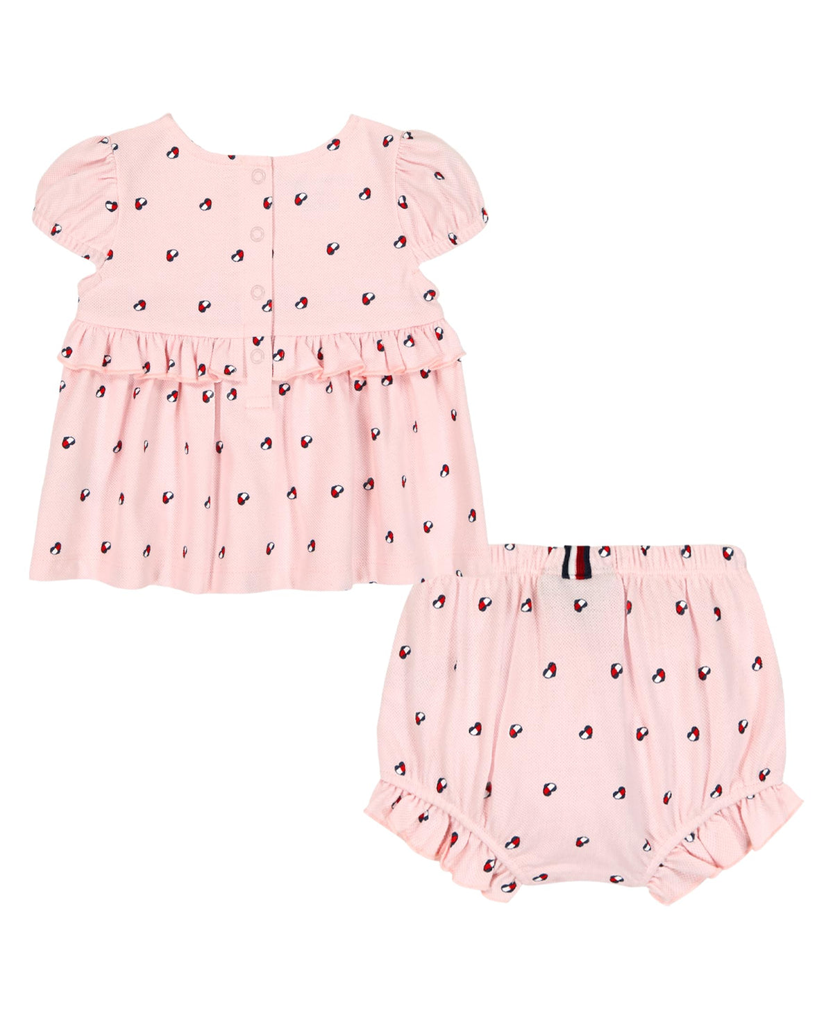 Conjunto 2 Piezas Tommy Hilfiger | Top Peplum Mangas Puff + Bloomer con Volante | Logos Rosa | Niña/Bebé (2M - 24M)