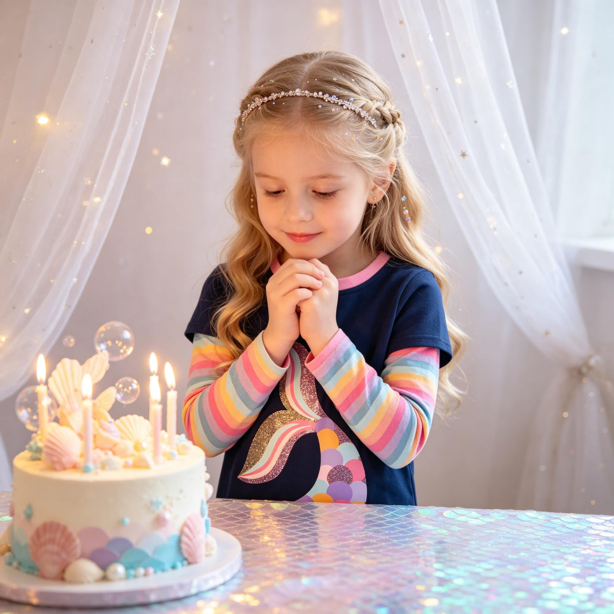 Top de Manga Larga con Cola de Sirena para Niñas – Azul Marino con Rayas Arcoíris Pastel, Algodón, (2-12 Años)