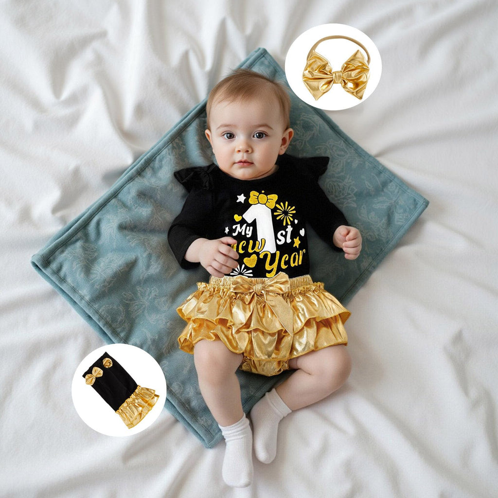 My 1st New Year | Conjunto Bebé Niña Negro y Dorado + Falda Tutú + Medias + Diadema