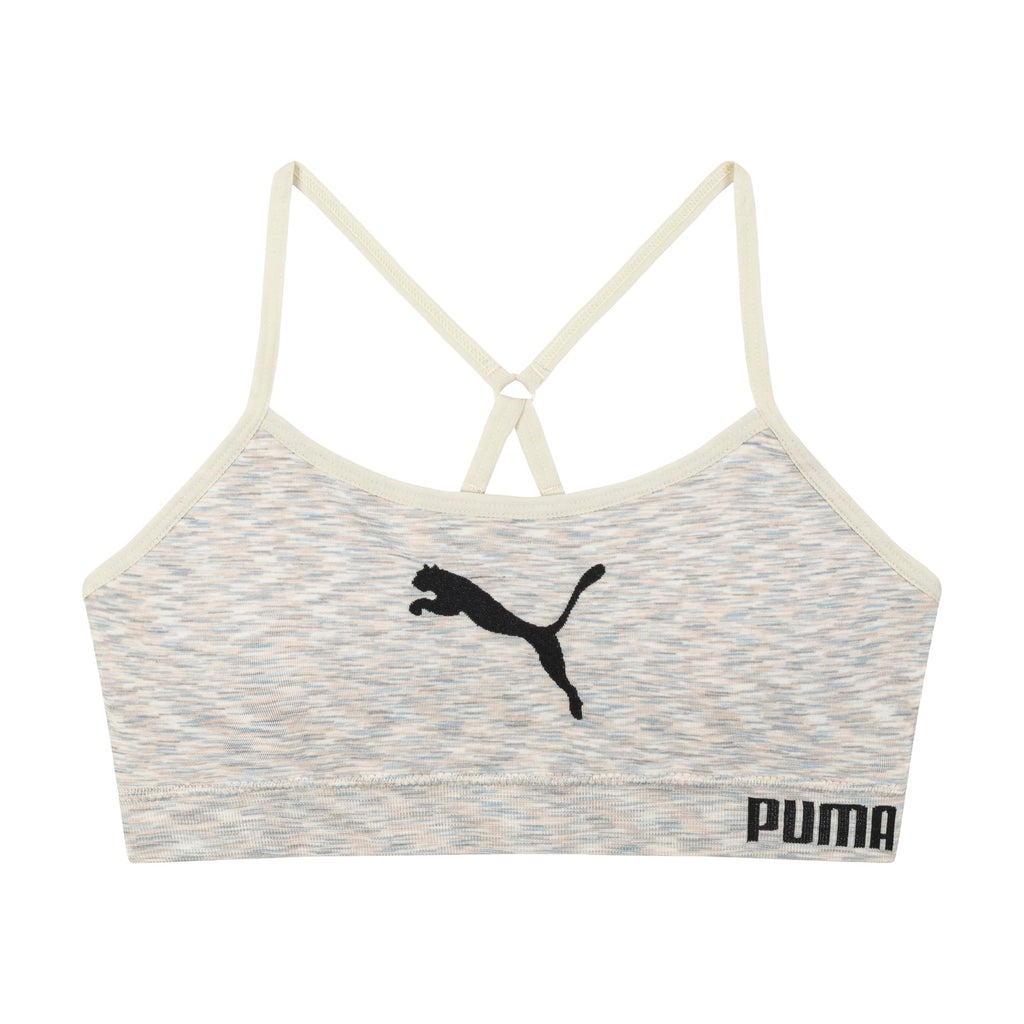 PUMA | Bralette Nina Pack 2 | 94% Nailon 6% Licra | Sin Costuras | Correas Espagueti Ajustables | Galletas Removibles | Gris Heather Tinte Espacial + Negro (6 - 14T)