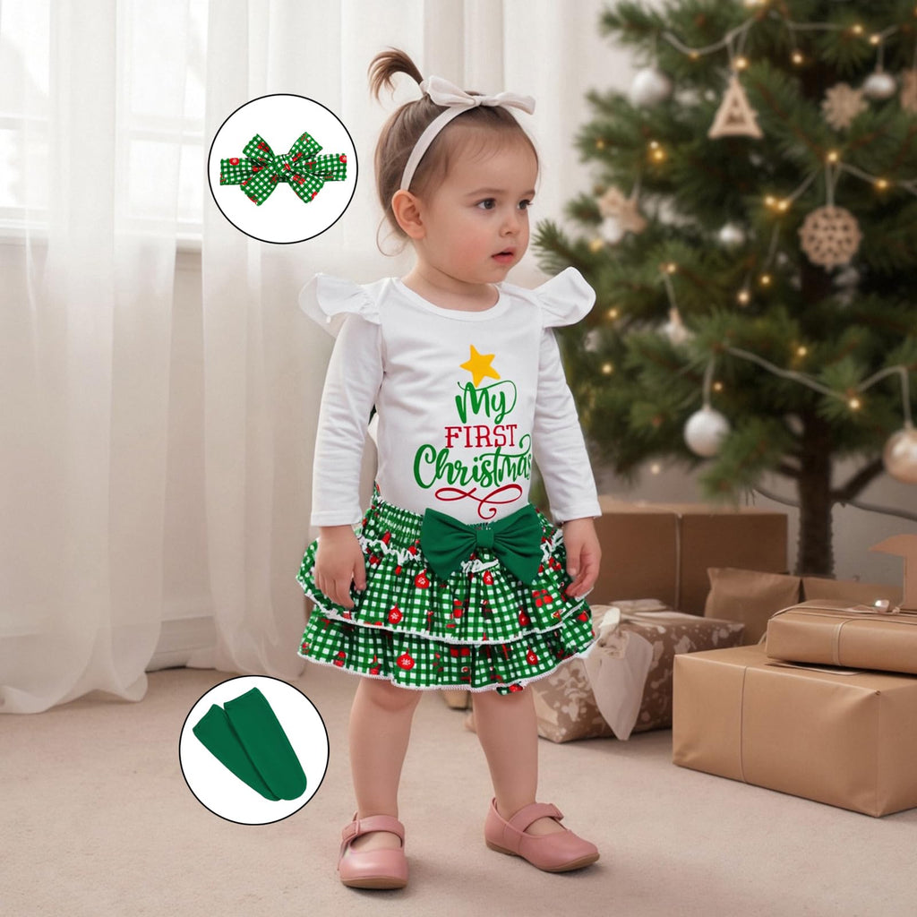 My First Christmas | Conjunto Navideño Bebé Niña Falda Cuadros Verde + Medias + Diadema