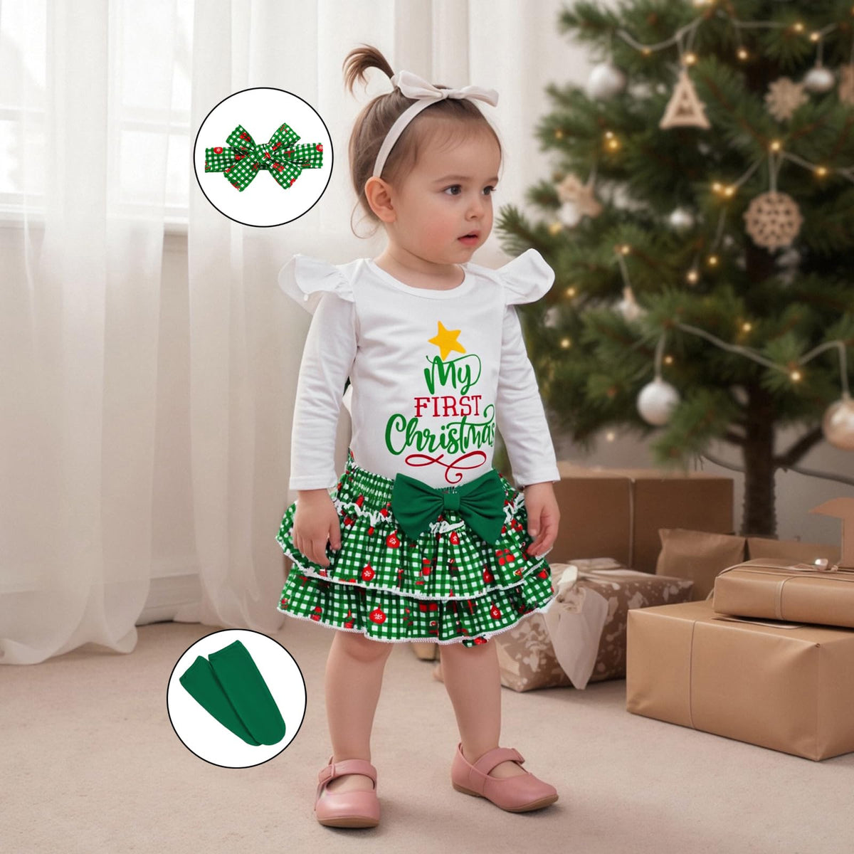 My First Christmas | Conjunto Navideño Bebé Niña Falda Cuadros Verde + Medias + Diadema