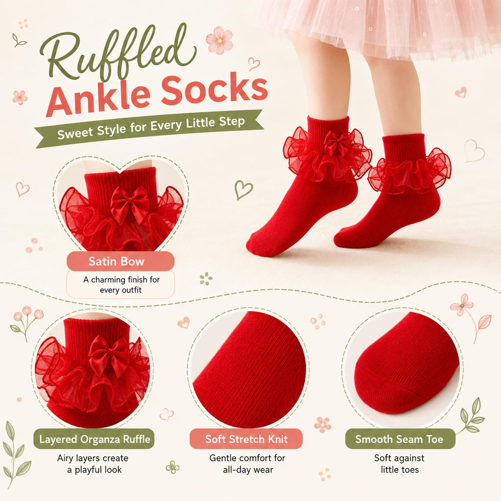 Calcetines Nina Pack 3 Pares Volantes Encaje Tutu Doble Capa Lazo Cinta 3D Blanco Rojo Negro Algodon Organza Princesa Navidad Boda (1 - 10T)
