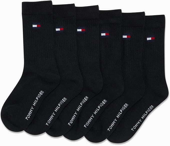 Tommy Hilfiger | Calcetines Niño Unisex Pack 6 Pares Crew Deportivos Acolchados Transpirables Negro (4 - 12T)