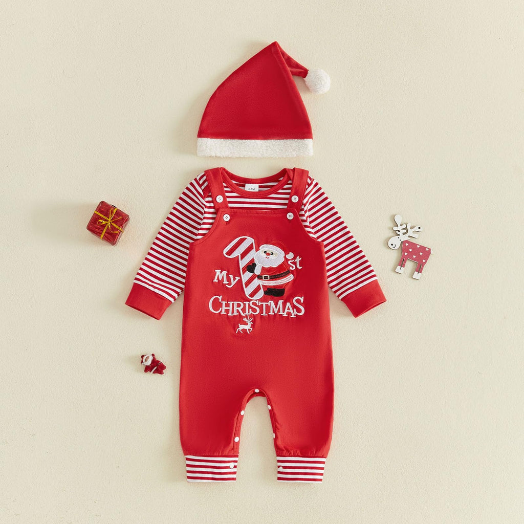My 1st Christmas Santa | Conjunto Bebé Niño Mameluco Rayas Rojo + Peto Rojo Papa Noel + Gorro Navidad