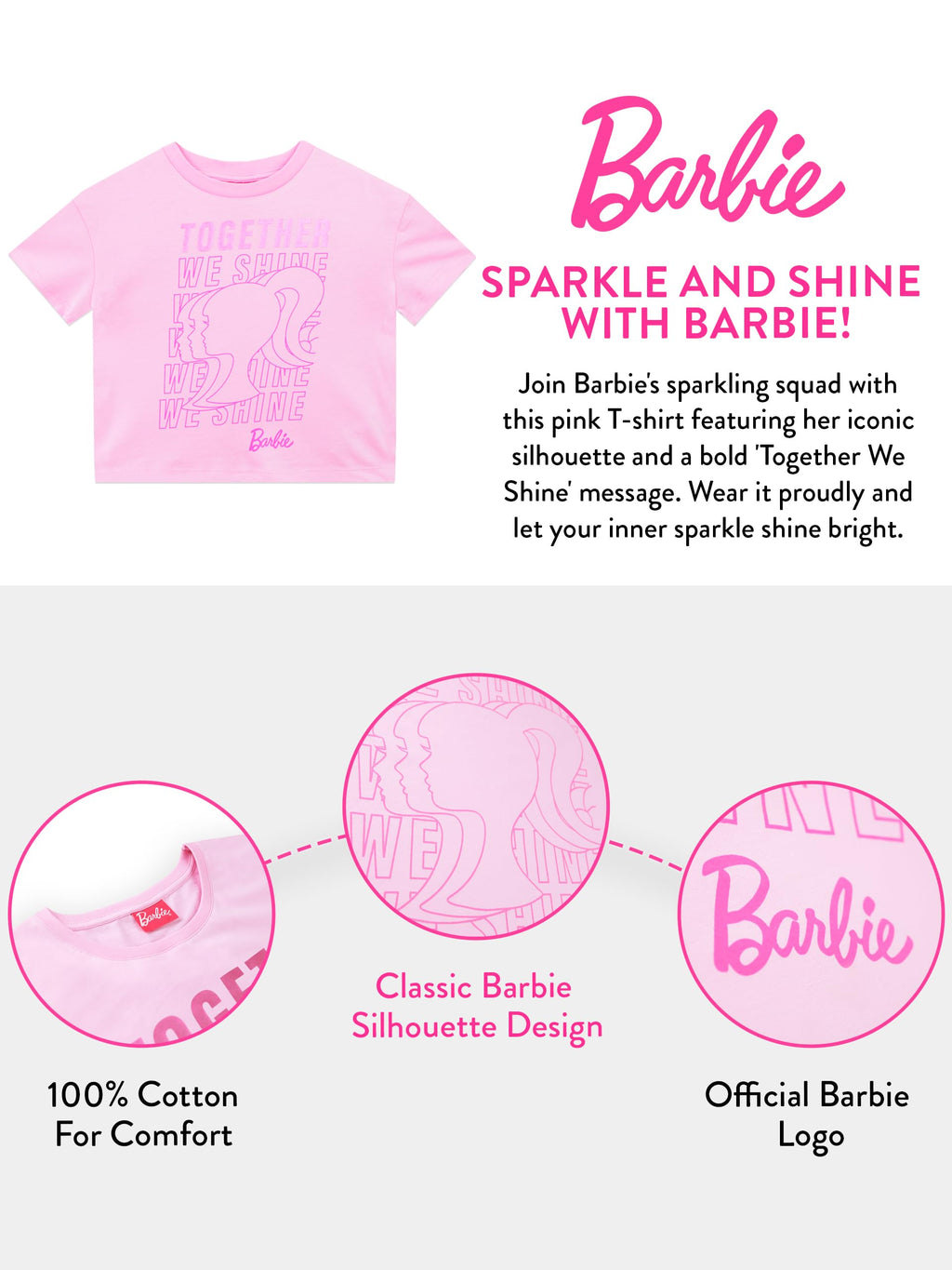 Barbie | Camiseta Nina Manga Corta | 100% Algodon | Grafico Together We Shine Silueta Barbie | Efecto Tipografico Repetido | Purpurina Rosa Brillante | Logo Barbie Fucsia | Rosa  (Solo 12T)
