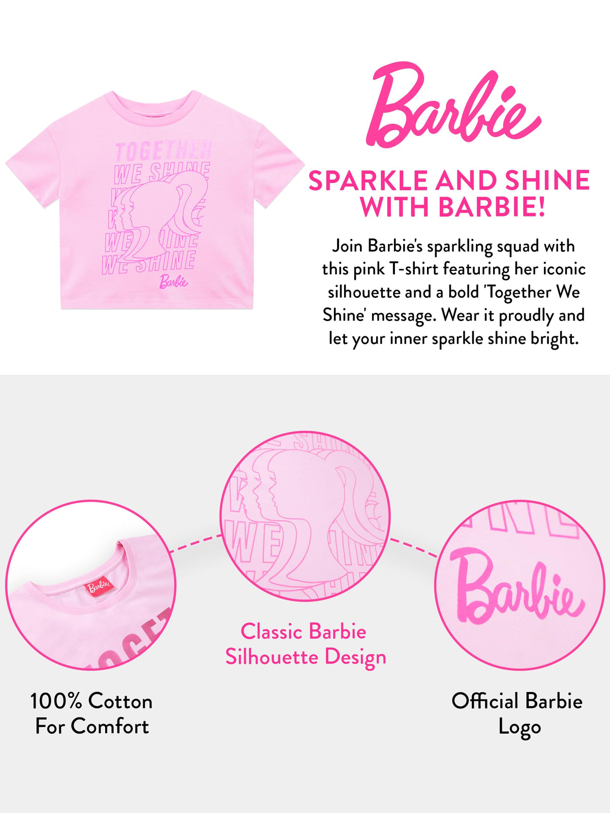 Barbie | Camiseta Nina Manga Corta | 100% Algodon | Grafico Together We Shine Silueta Barbie | Efecto Tipografico Repetido | Purpurina Rosa Brillante | Logo Barbie Fucsia | Rosa  (Solo 12T)