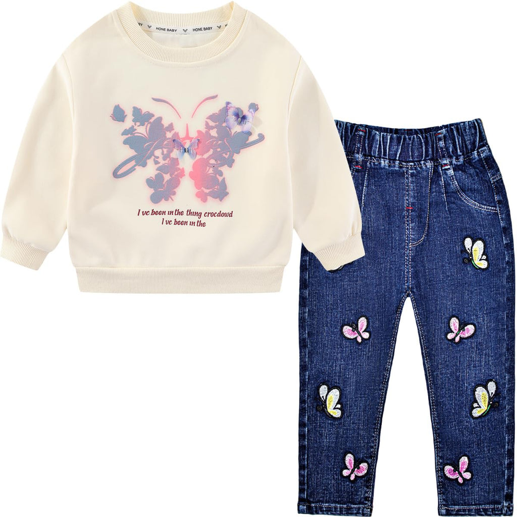 Conjunto 2 Piezas para Niña: Sudadera con Mariposa Floral Acuarela y Jeans con Mariposas Bordadas