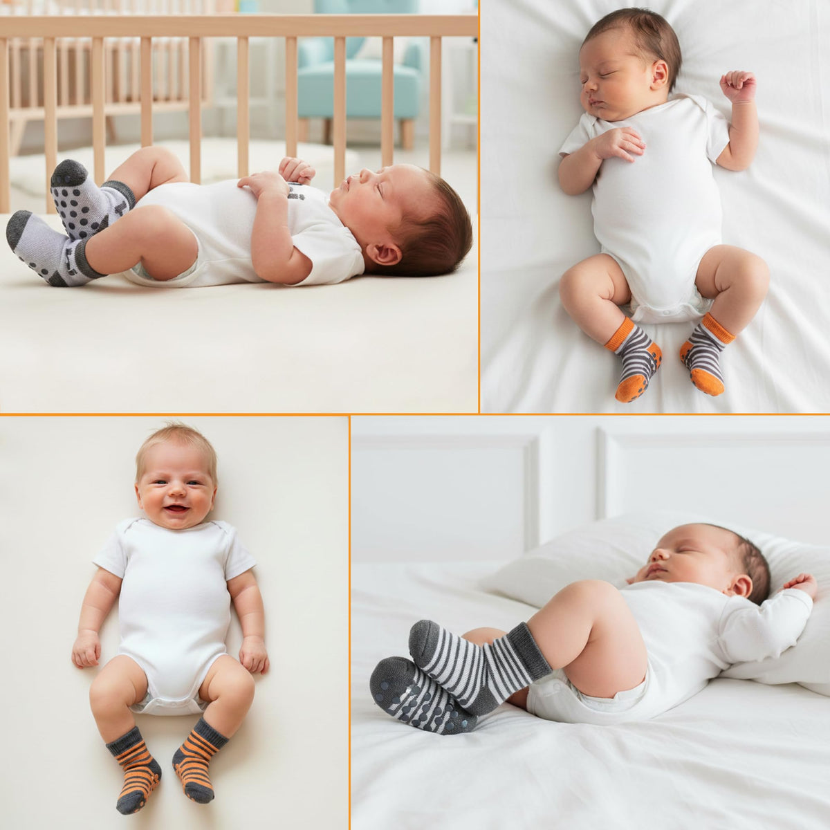 infancie | Calcetines Bebé Niño Pack 6 Algodón Orgánico GOTS Antideslizante Estampados Naranja Gris 0-6 Meses