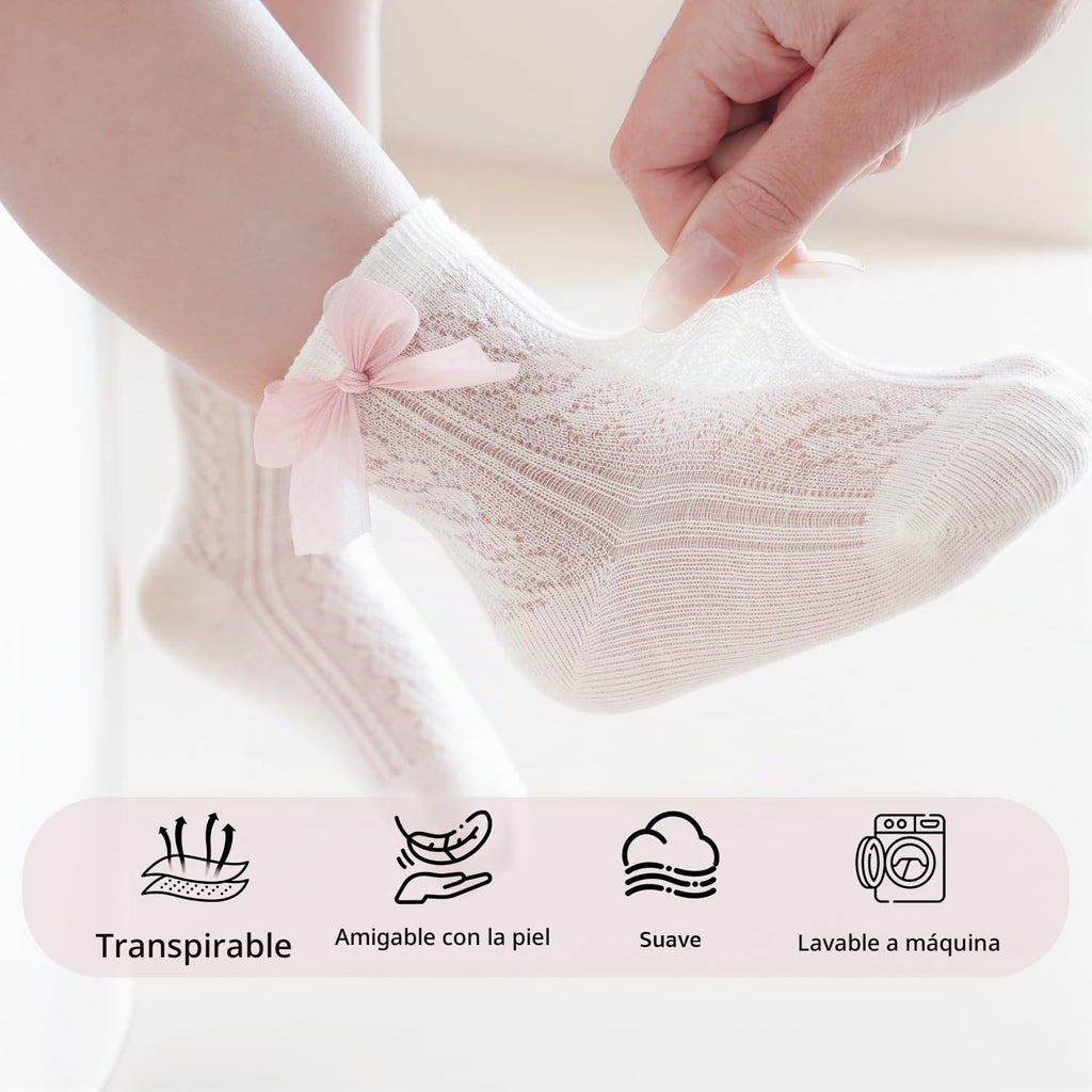 VIAOKUTH | Calcetines Bebé Niña Pack 6 Encaje Lazo Cosido Malla Transpirable Rosa Beige Blanco Verde