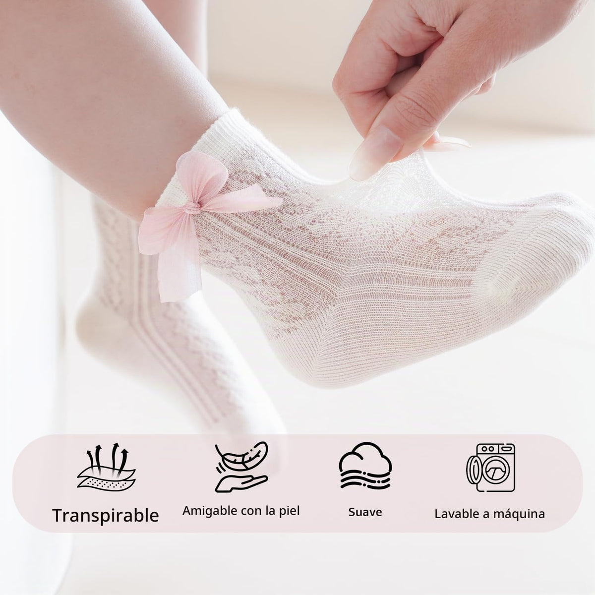 VIAOKUTH | Calcetines Bebé Niña Pack 6 Encaje Lazo Cosido Malla Transpirable Rosa Beige Blanco Verde