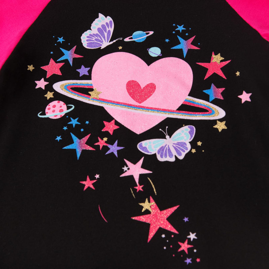 Top de Manga Larga con Corazón Galáctico para Niñas – Negro con Mangas Rosa Fucsia, Algodón  (2-12 Años )