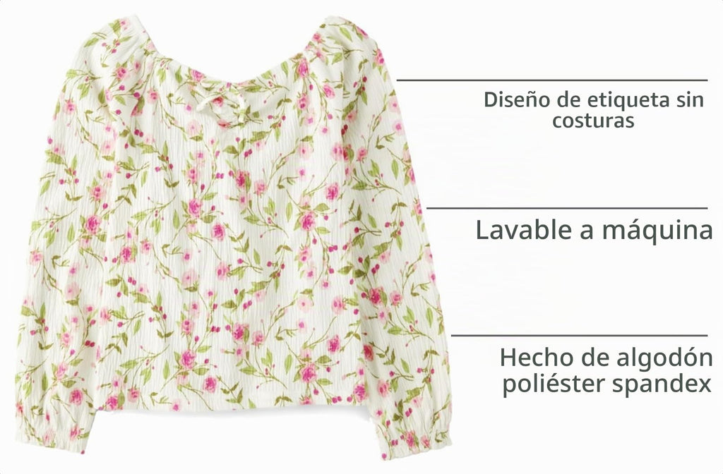The Children's Place | Top Peplum Fruncido Nina Manga Larga | 58% Algodon 41% Poliester 1% Elastano | Cuello en V con Nudo Twist + Fruncidos | Punos Elasticos | Floral Rosas Peonias + Follaje Verde sobre Blanco Crema | Textura Crinkle (5 - 16T)